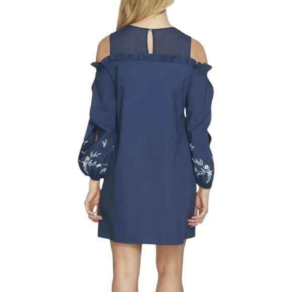 CeCe Jardin Cold Shoulder Floral Embroidery Mini Shift Dress, Navy Blue, Sz 6 - Picture 3 of 11
